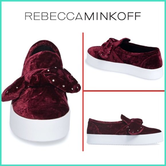 EUC Rebecca Minkoff Stacey Crushed Velvet Studded Bow Platform Slip On Shoes - Picture 1 of 10